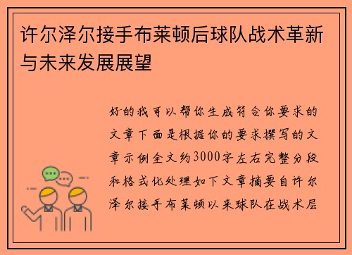 许尔泽尔接手布莱顿后球队战术革新与未来发展展望 许尔泽尔接手布莱顿后球队战术革新与未来发展展望